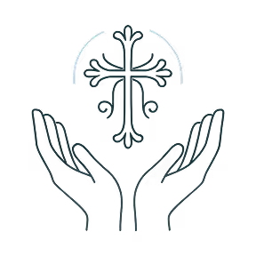 Outline of two hands cupped upward holding a decorative cross with rays above it.