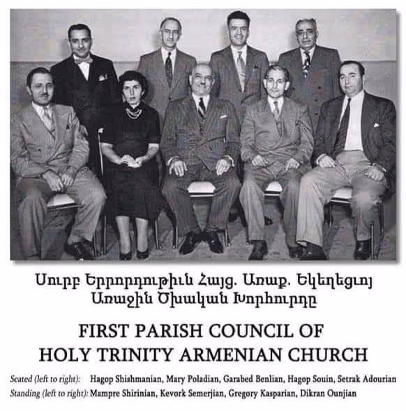 Black and white photo of the first parish council of Holy Trinity Armenian Church, showing six seated members and five standing members dressed formally.