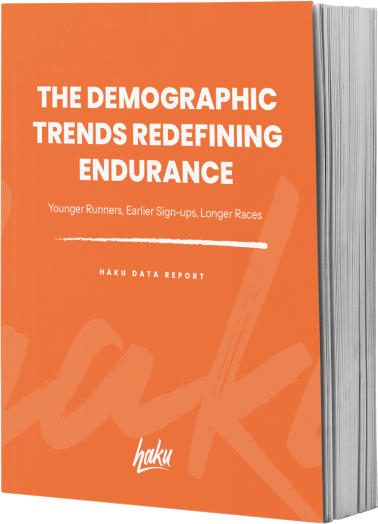 Book titled 'The Demographic Trends Redefining Endurance: Younger Runners, Earlier Sign-ups, Longer Races' with an orange cover and Haku Data Report branding.