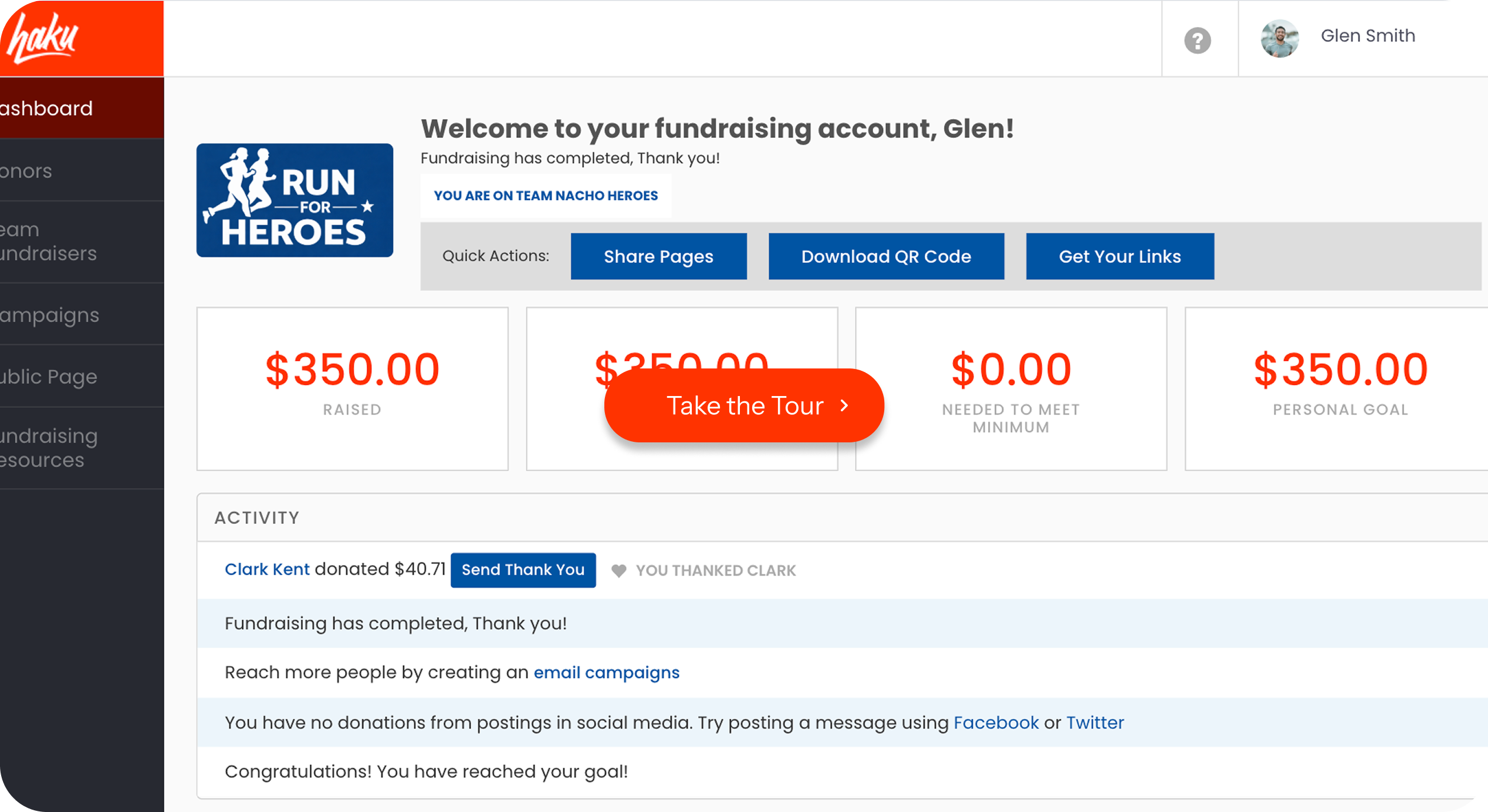 haku Fundraising dashboard showing money raised, personal goals, donation activity, and sharing options.