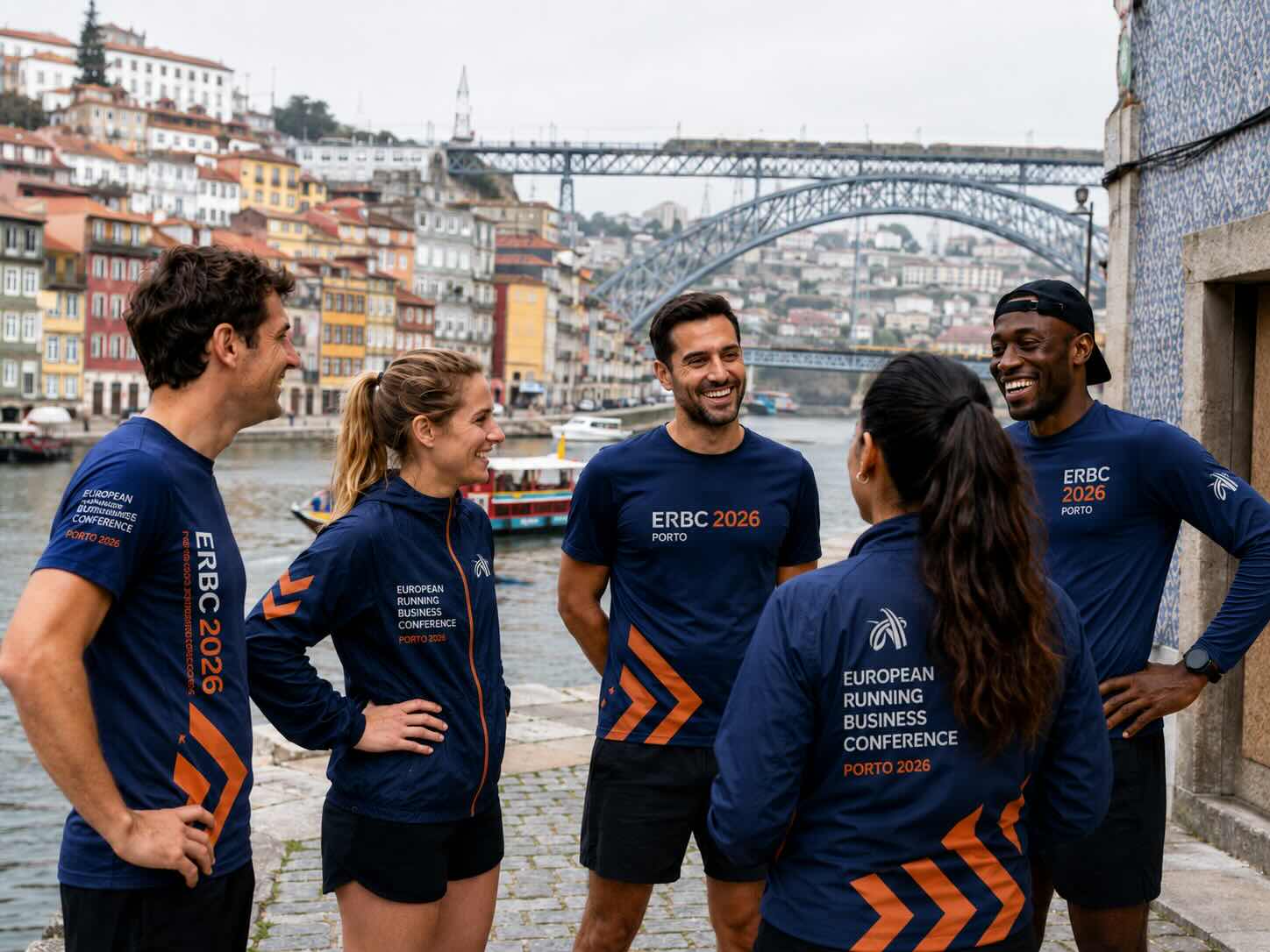 Conference attendees wearing event t-shirts in Porto