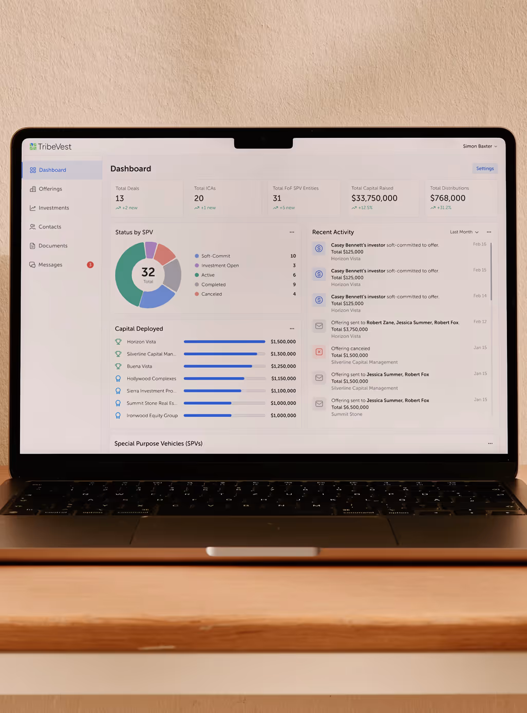 TribeVest dashboard showing investment data and SPV status on laptop screen