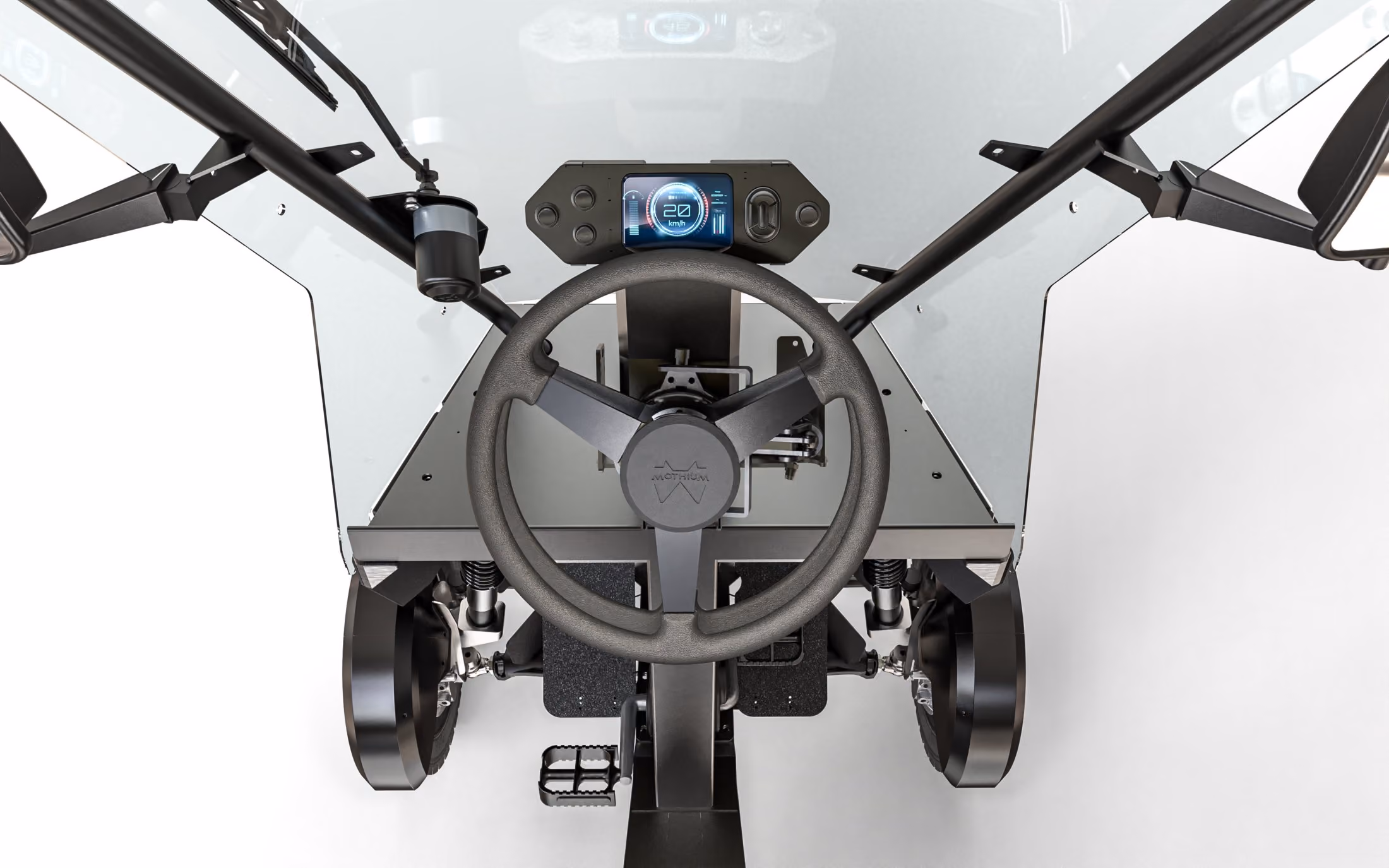 Driving position: steering wheel, screen and pedal