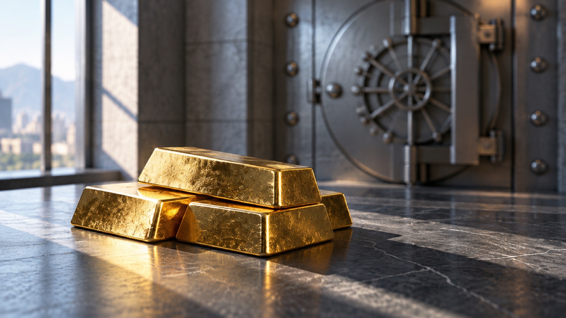 AI-generated editorial illustration of unbranded gold bullion in light and shadow beside a vault door.