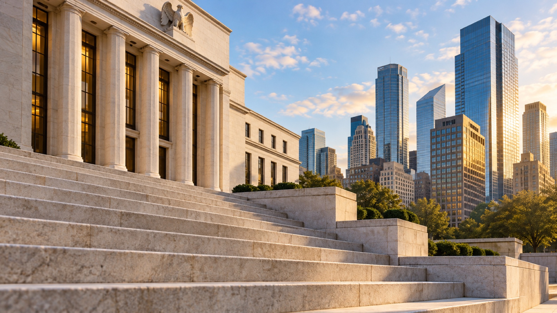 AI-generated editorial illustration of ascending limestone steps beside a central-bank-style building and a commercial district.