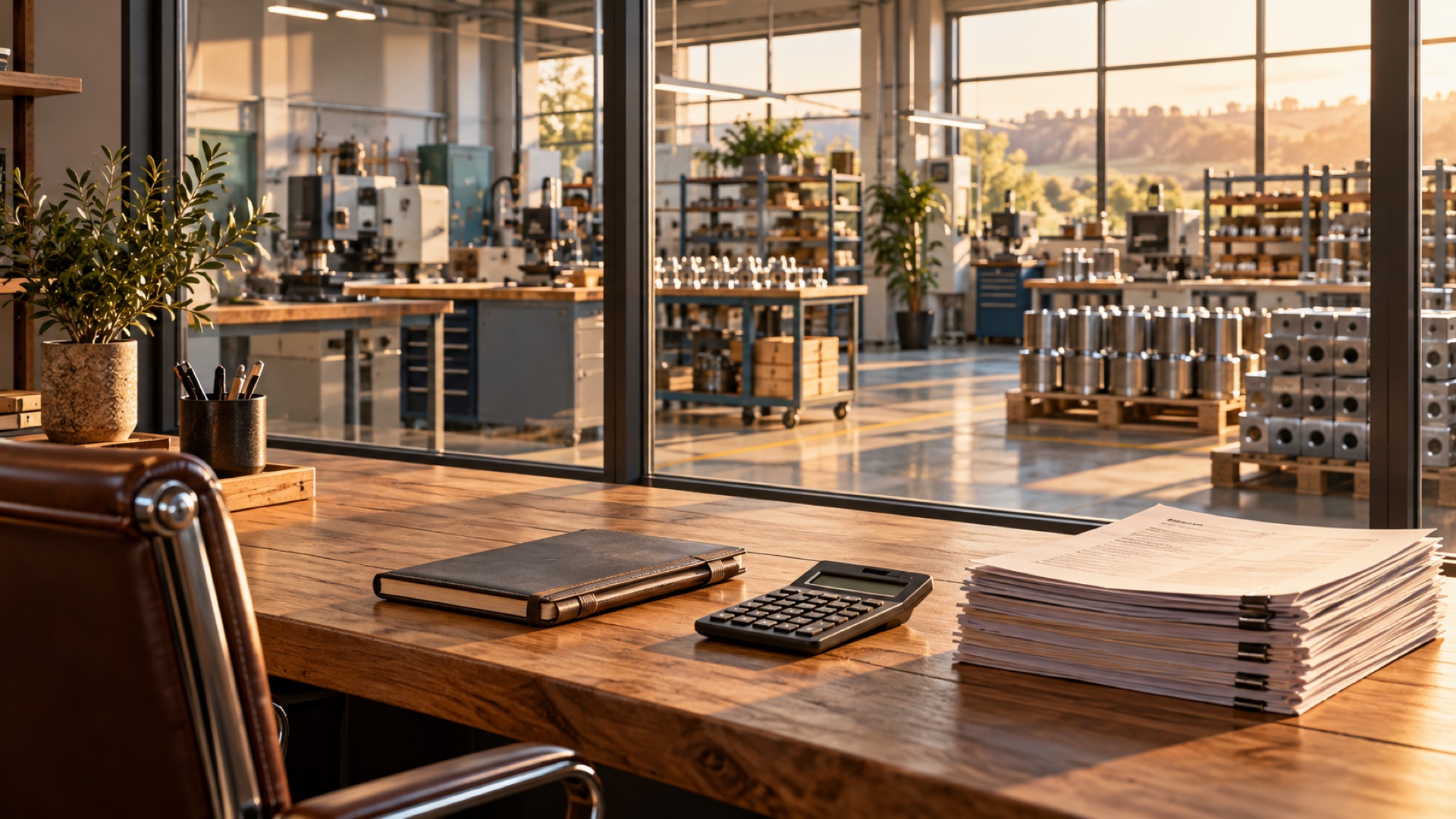 AI-generated editorial illustration of an owner's desk overlooking a productive manufacturing workshop.