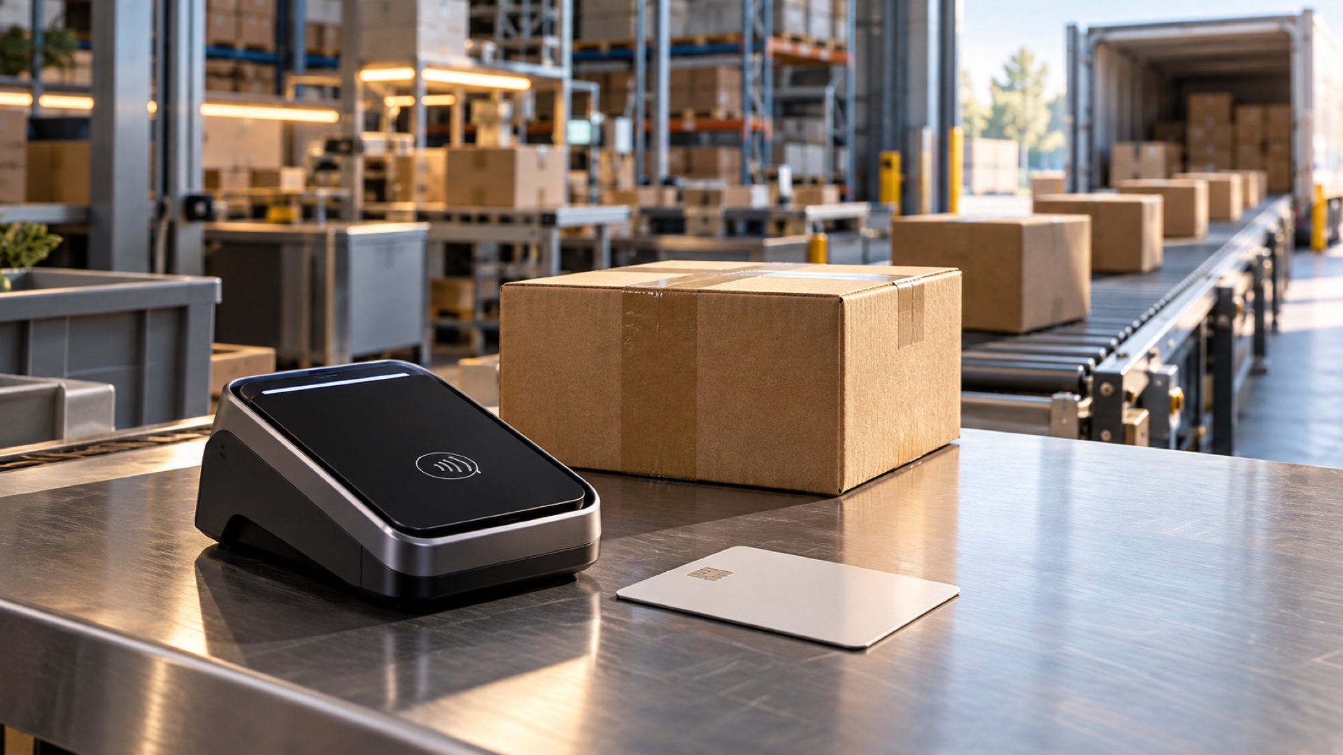 AI-generated editorial illustration of a payment terminal beside parcels in an automated fulfilment centre.
