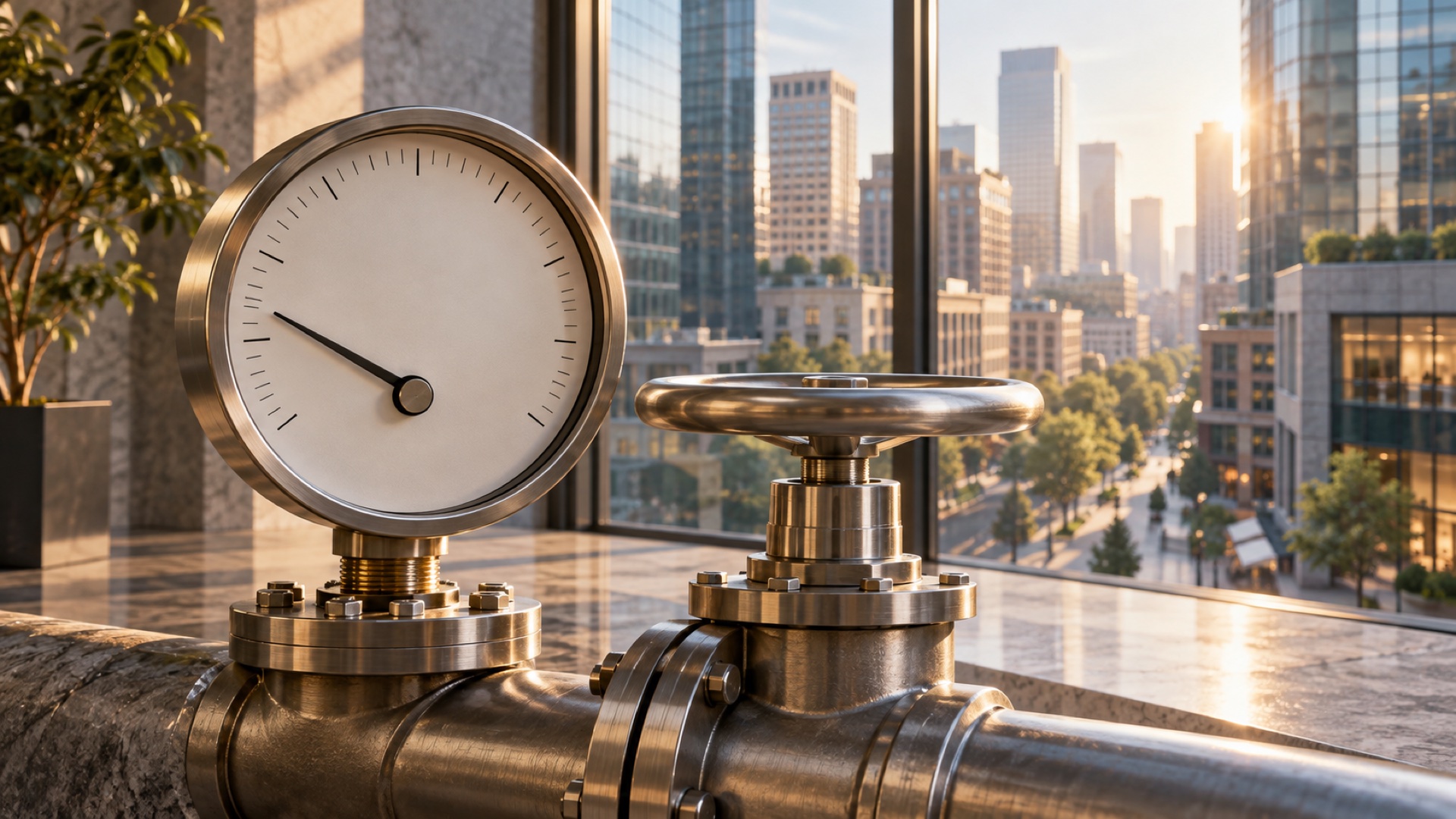 AI-generated editorial illustration of a pressure gauge and valve overlooking a commercial district.