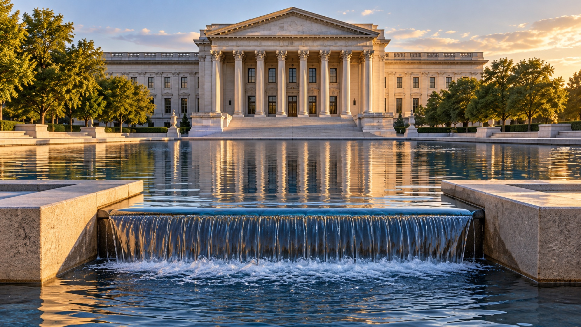 AI-generated editorial illustration of a treasury-style building and water moving between connected reflecting pools.