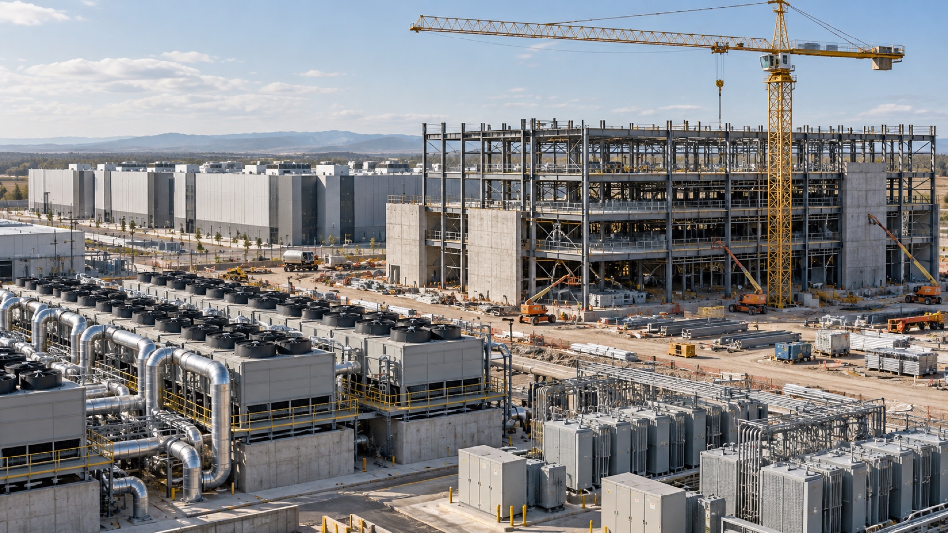 AI-generated editorial illustration of a data-centre campus under construction, with cooling and electrical equipment.