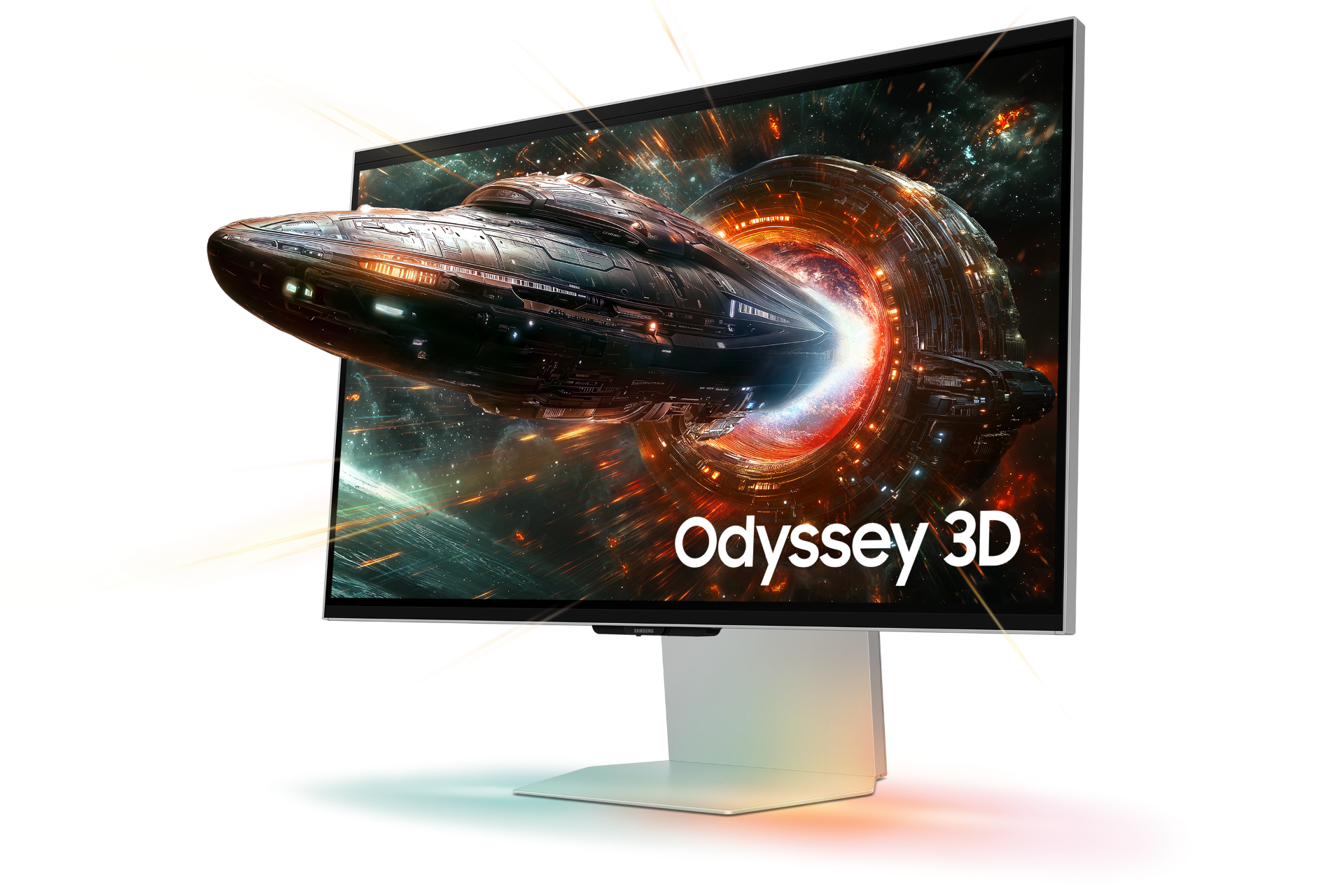 Side view of Samsung Odyssey 3D with spaceship holographic projected