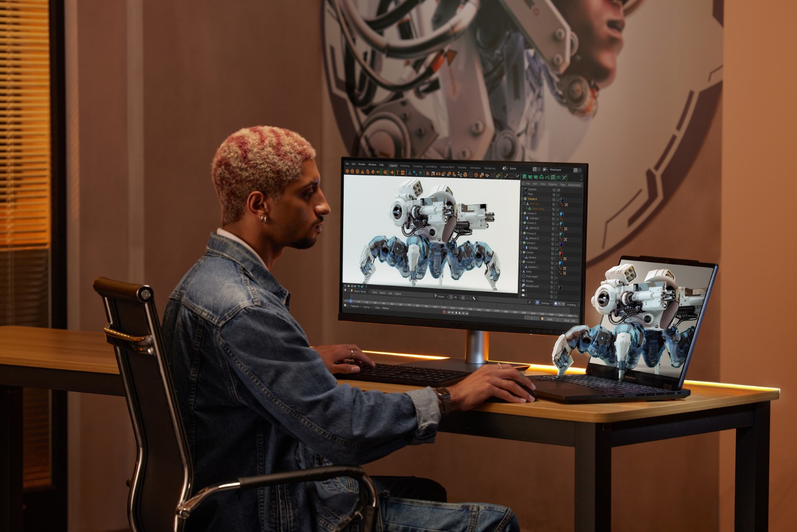 guy inspecting a 3D projection that is ported to a 3D display from his designer program