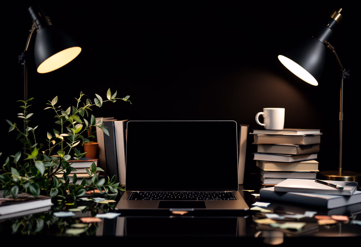 image of desk with a laptop and a plant for a bookstore
