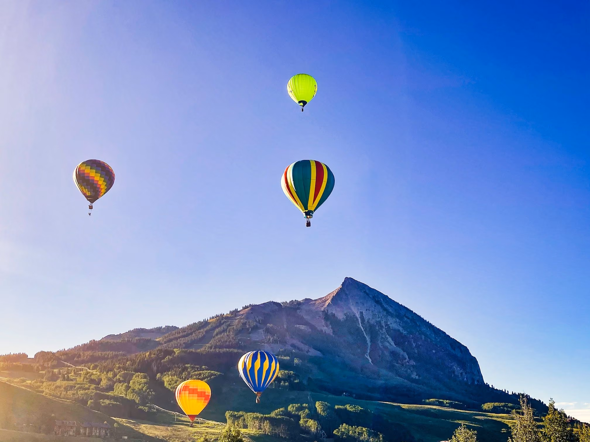 Five colorful hot air balloons floating over a mountain landscape under a clear blue sky.
