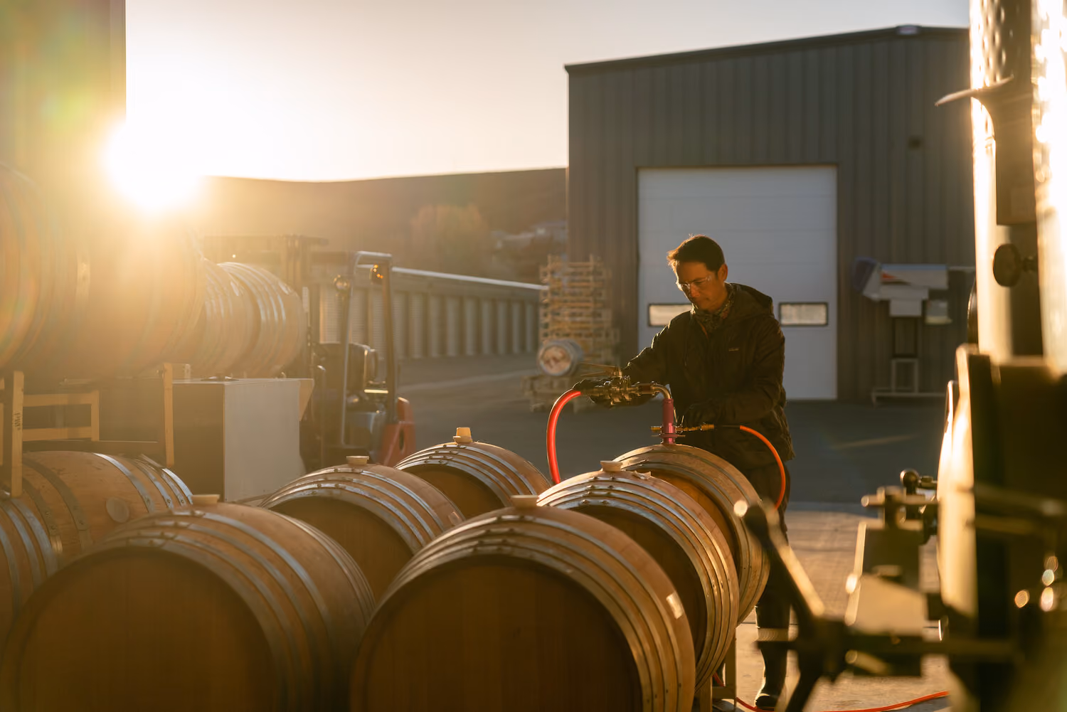 Person working with hoses on wooden barrels in a winery or brewery at sunset.