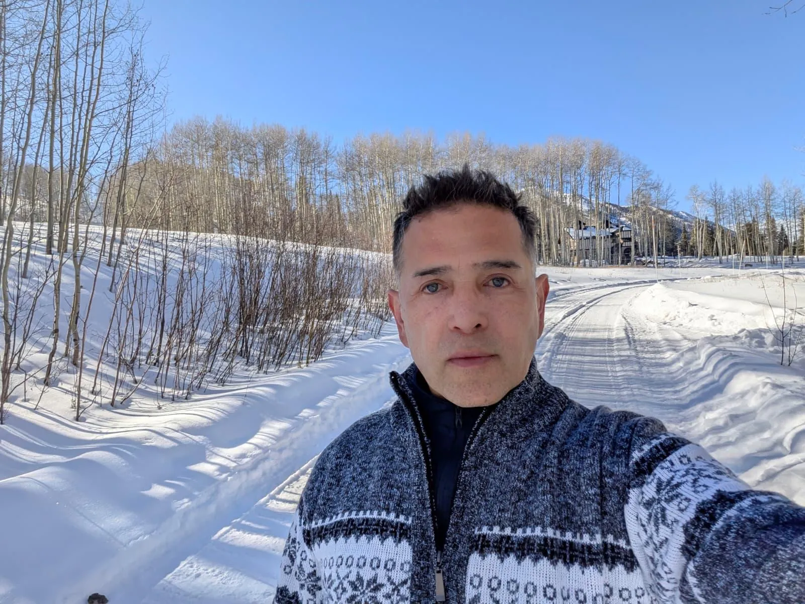 Man in a patterned sweater takes a selfie on a snowy path with leafless trees and mountains behind.