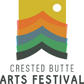 Colorful layered chevron design with a white circle above and text 'CRESTED BUTTE ARTS FESTIVAL' below.