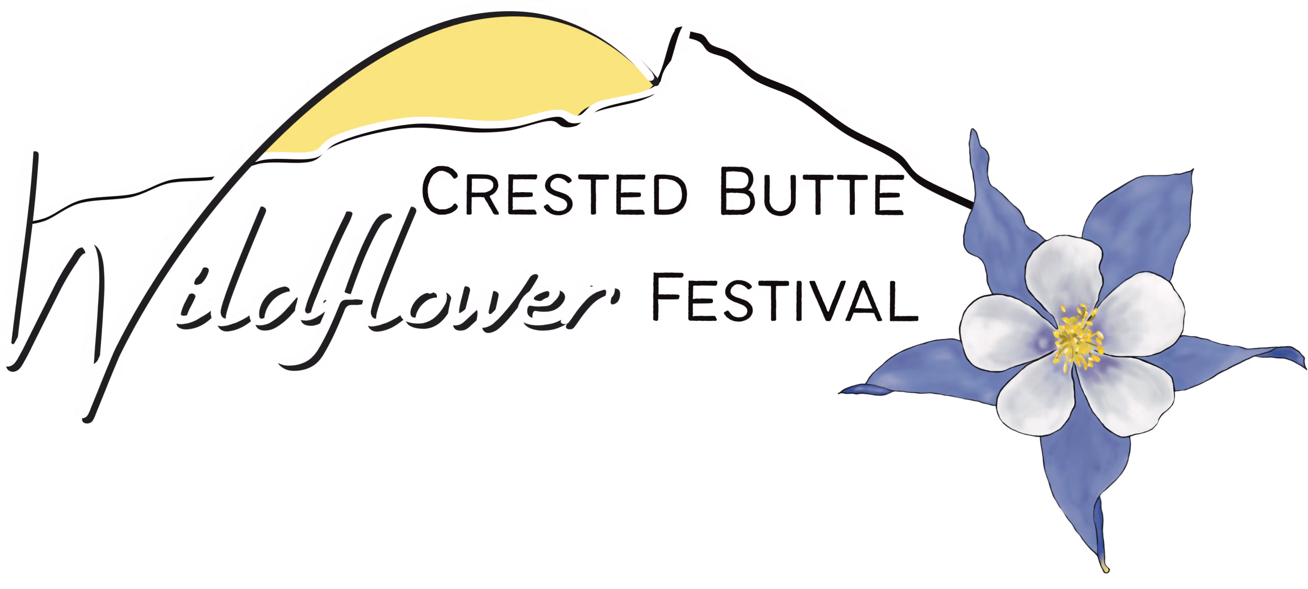 Logo with mountain, yellow sun, and columbine flower for Crested Butte Wildflower Festival.