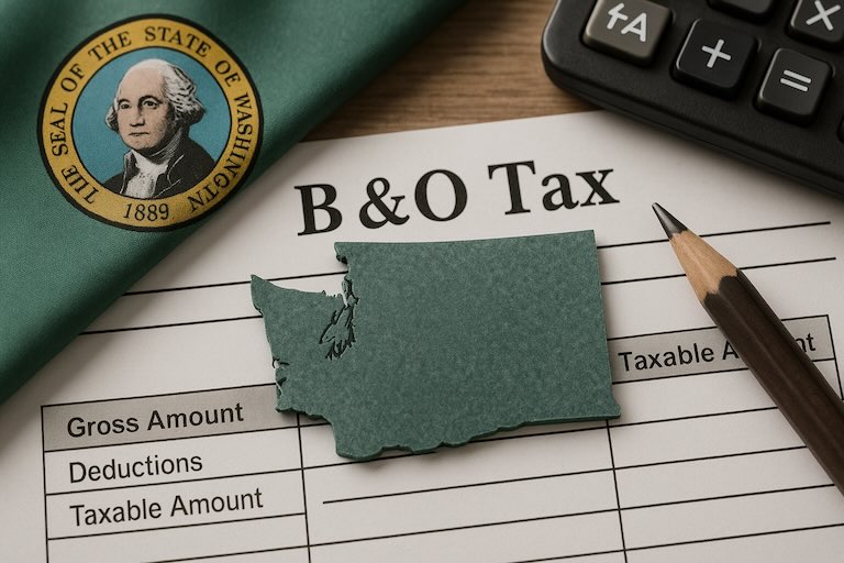 Close-up of a Washington State B&O tax form with a green cutout of the state, pencil, calculator, and state flag.