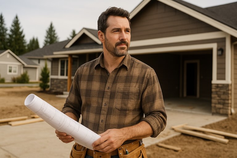 Contractor in a plaid shirt holding blueprints at a suburban construction site with homes in the background.