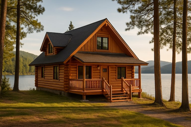 Cozy log cabin surrounded by pine trees on the shore of a calm lake with forested hills in the background.