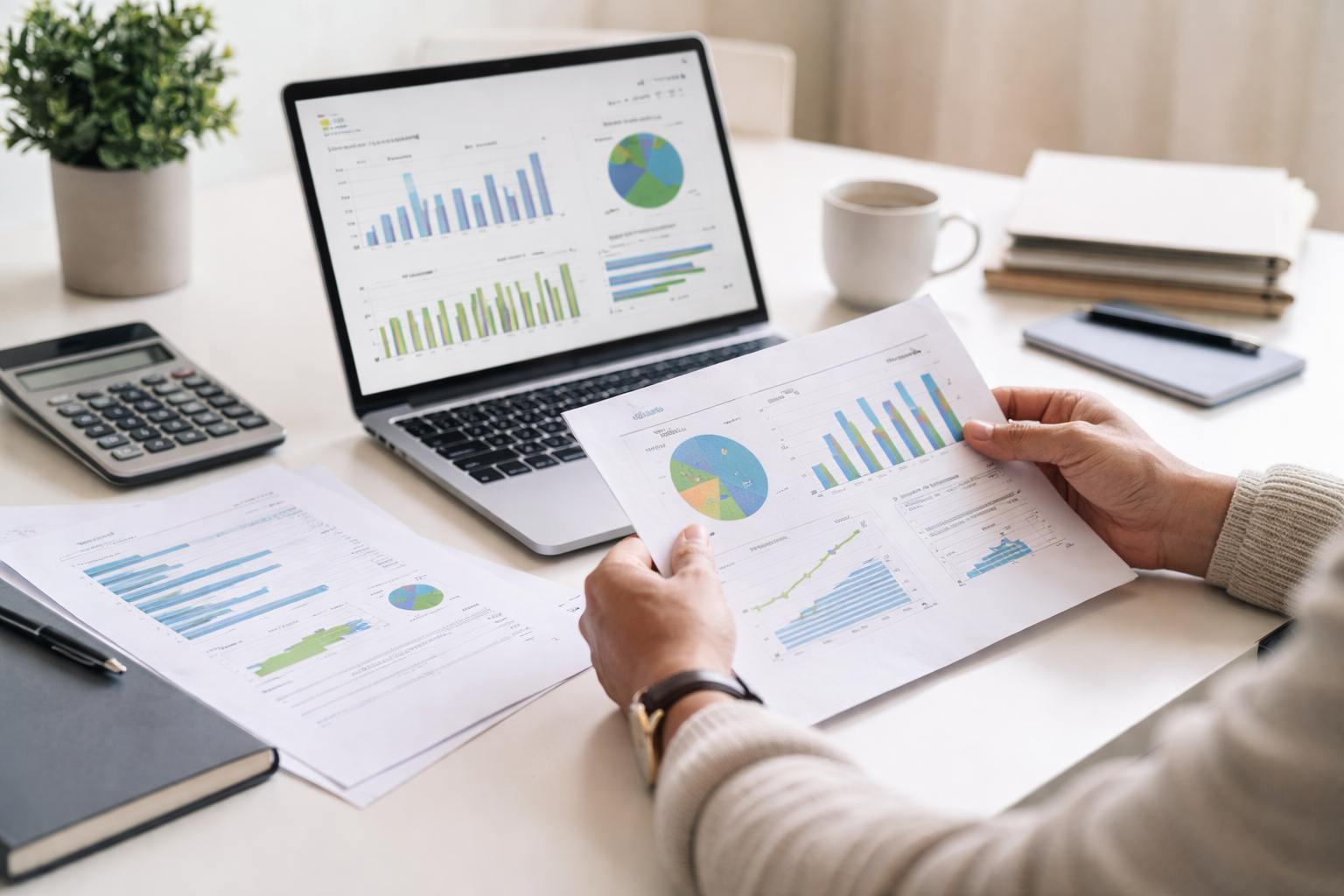 Business owner reviewing financial reports on a laptop and printed charts at a desk.