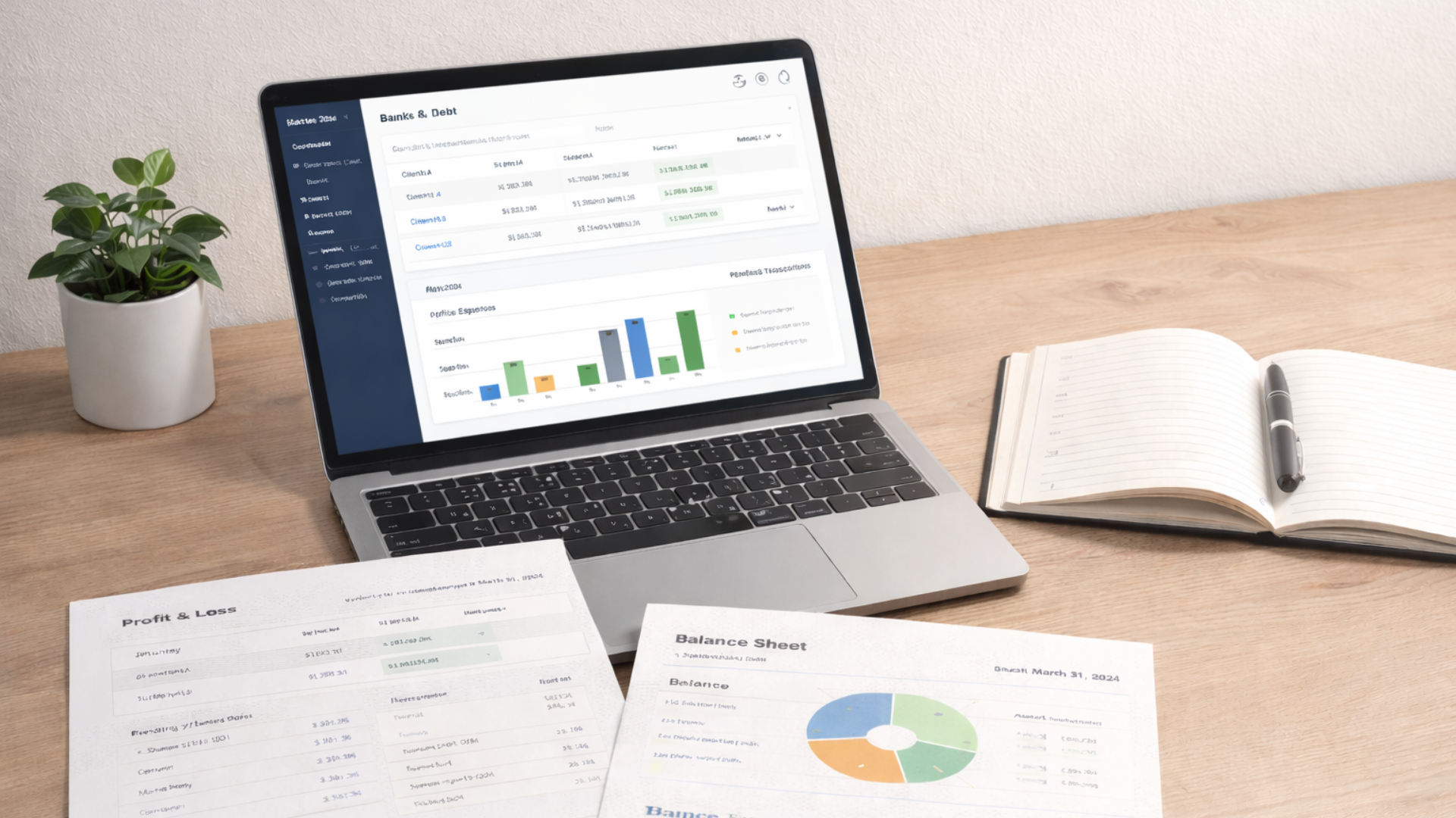 Organized bookkeeping workspace with financial reports and laptop