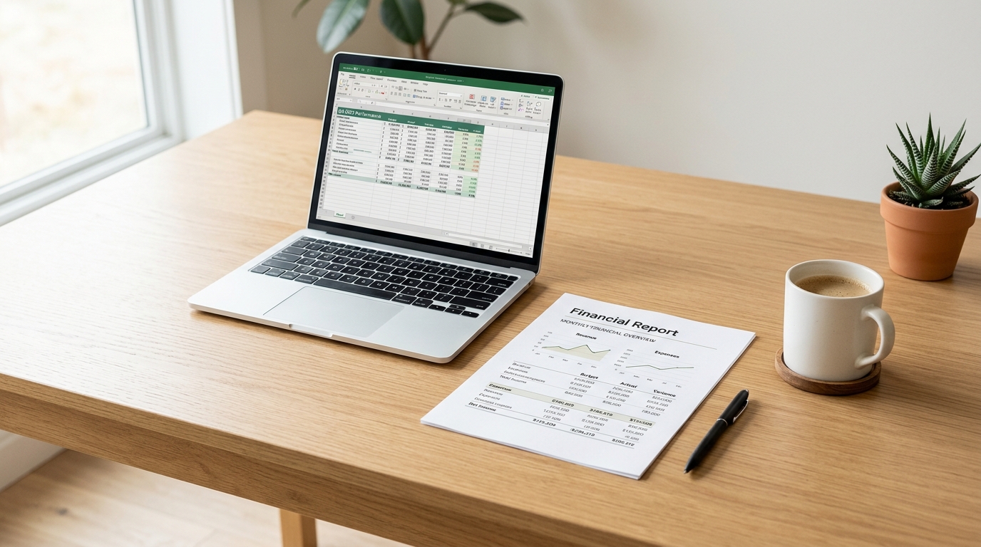 Financial Report Review- a printed financial report and laptop with financial data