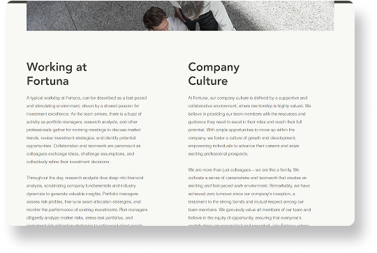 An image that describes what it's like to work at Fortuna and summarizes the company culture