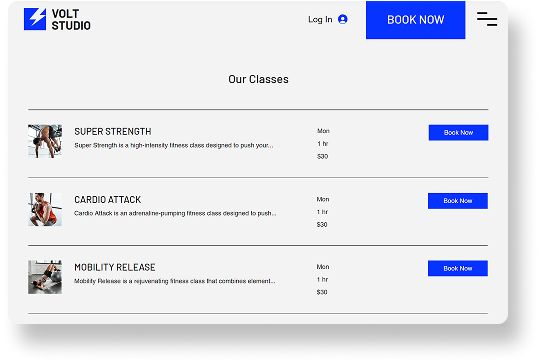 An image listing the classes that Volt Studio offers