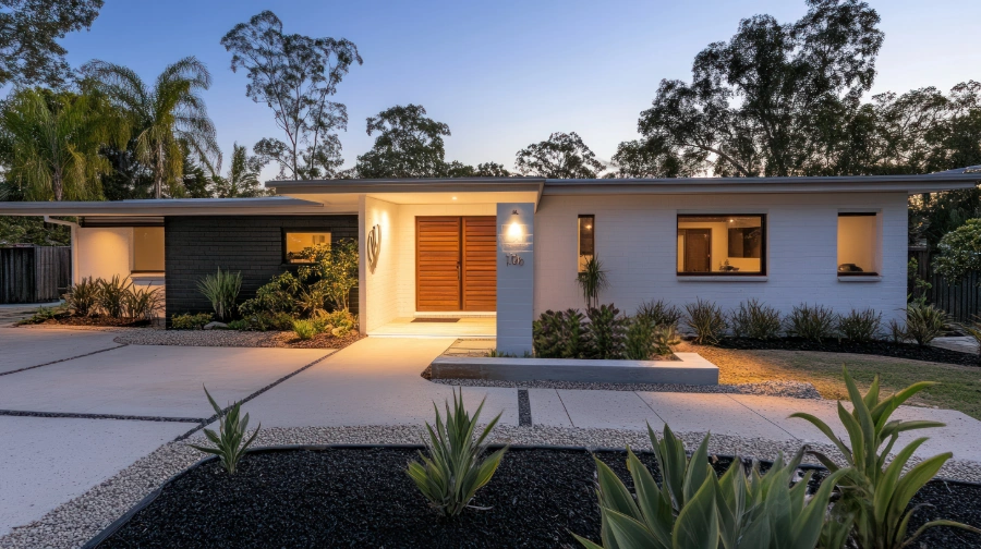 Modern single-level home exterior at dusk, representing the types of quality properties Monarch Buyers Agents help clients secure through expert property advisory services