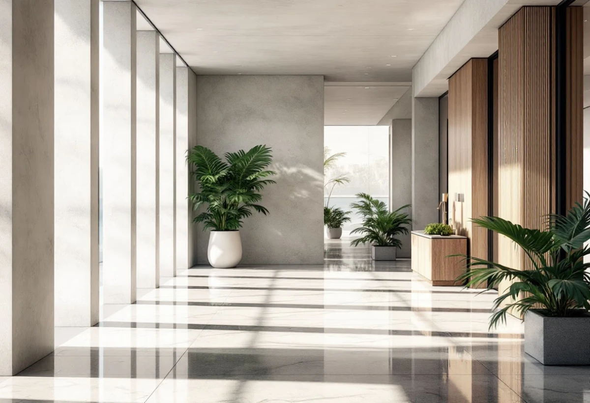 Bright modern luxury interior with natural light and greenery, reflecting calm, sophisticated property buying experience with Monarch Buyers Agents