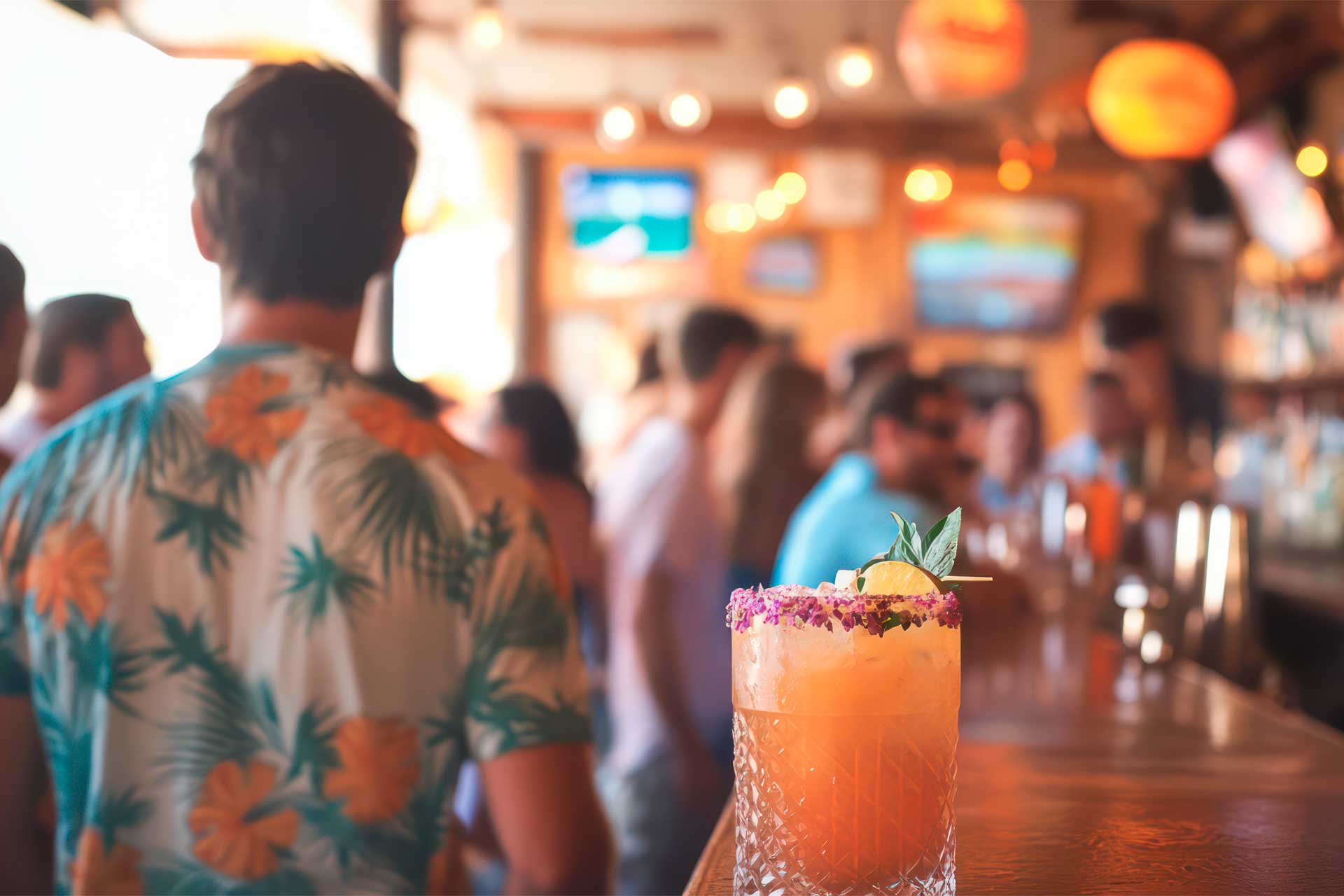 A man stands at a bar, holding a drink, with a relaxed expression on his face