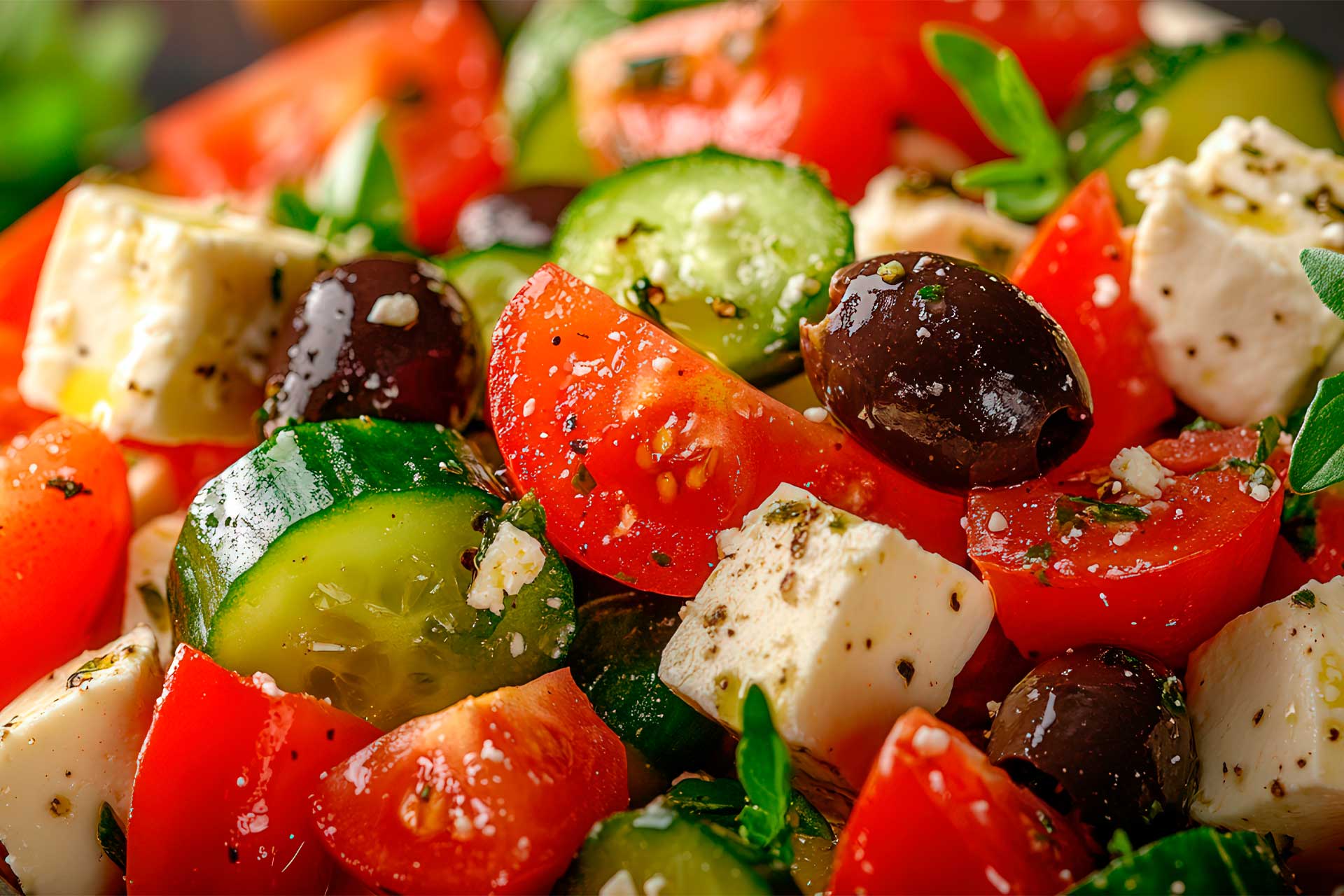 A fresh salad featuring ripe tomatoes, crisp cucumbers, briny olives, and crumbled feta cheese.