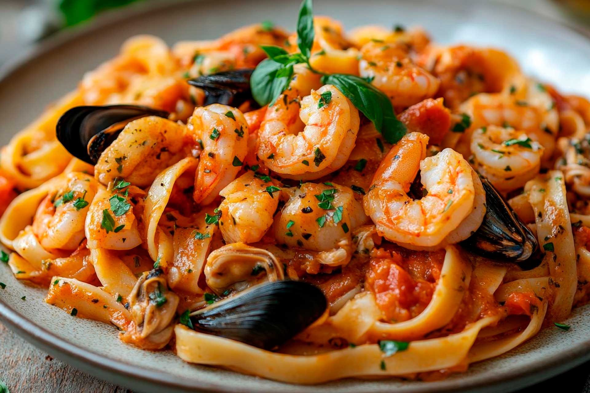 A plate of pasta topped with shrimp and mussels, all coated in a rich tomato sauce.