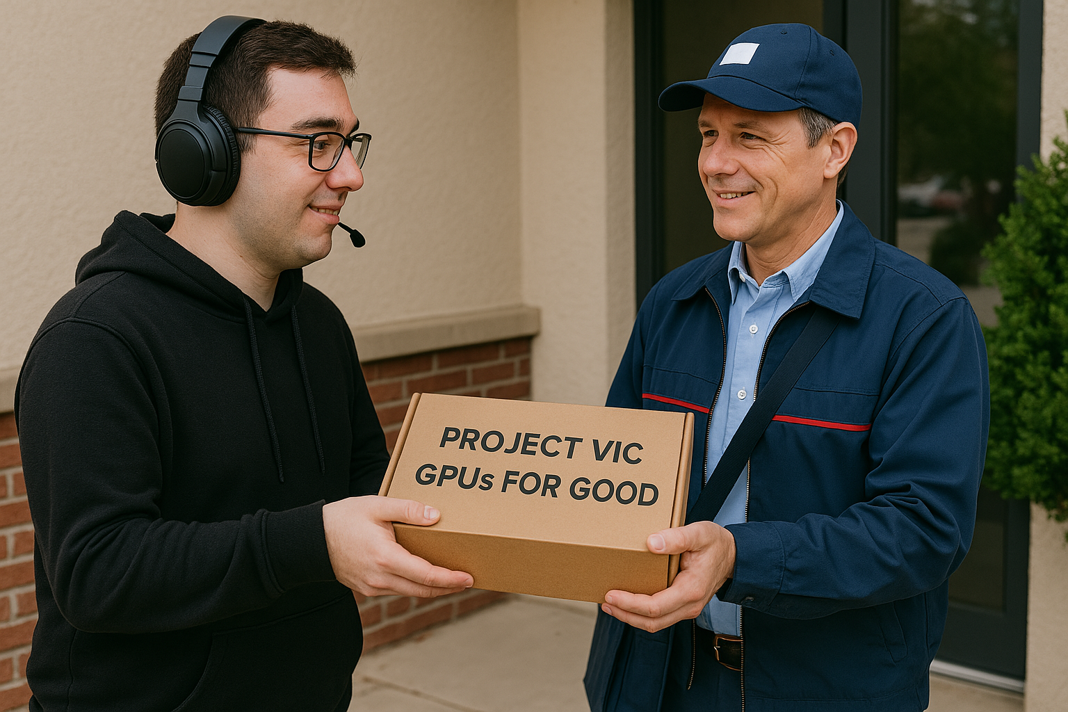 A picture of a gamer handing a donated GPU in a box labeled "Project VIC GPUs for Good" to a postal worker so they can ship it to Project VIC International for testing.