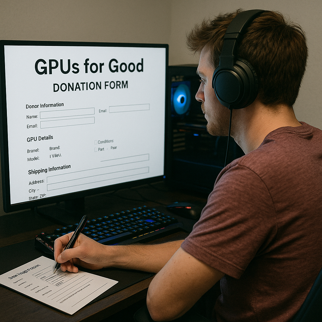 A gamer viewing the GPUs for Good donation form on gpusforgood.org.