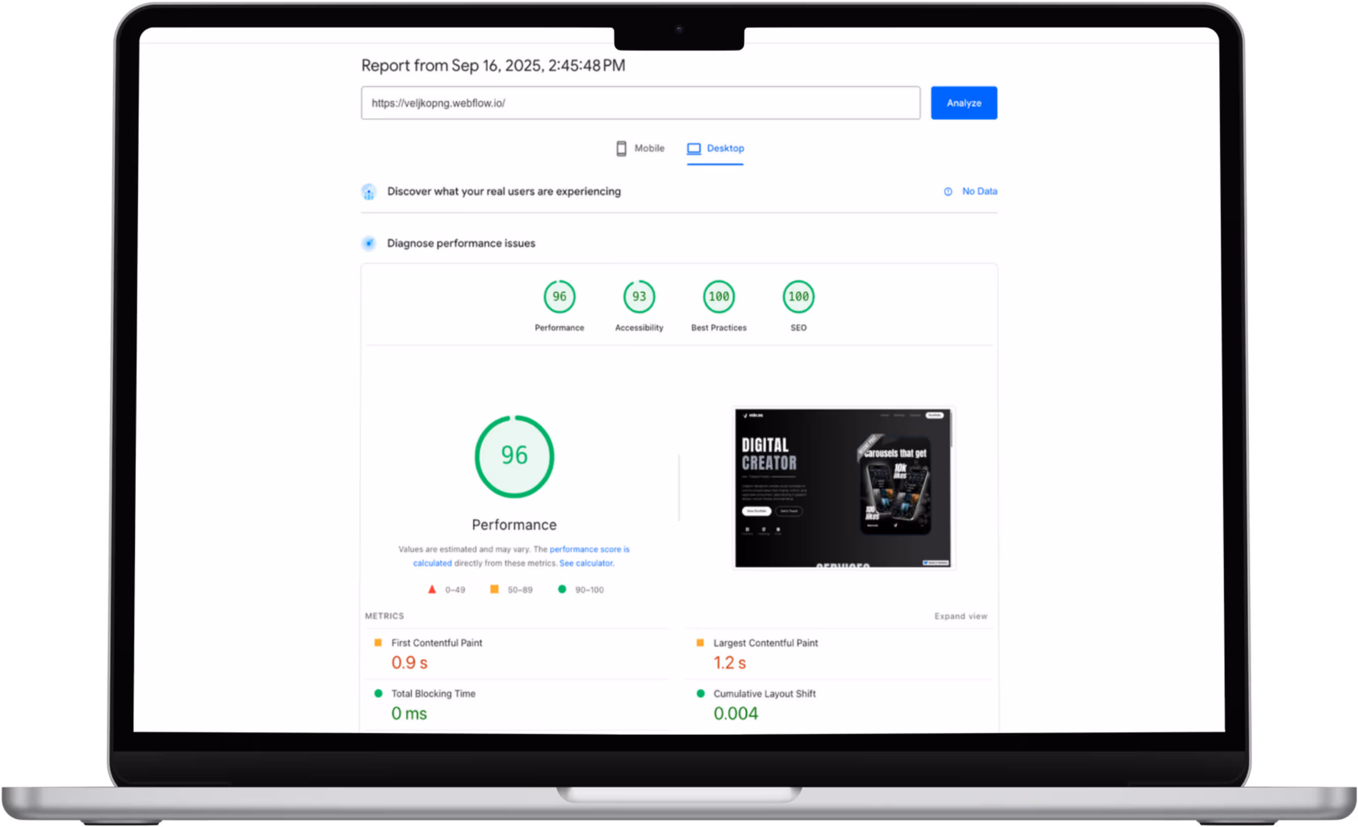 Showcasing excellent website performance