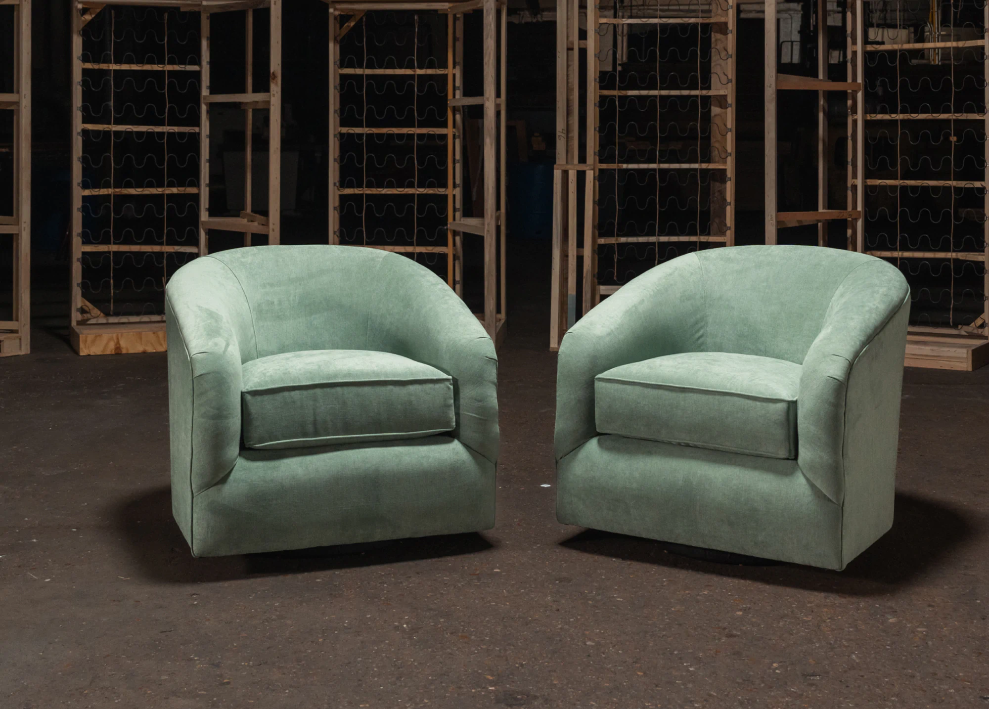 Custom green armchairs made by Living Designs Furniture