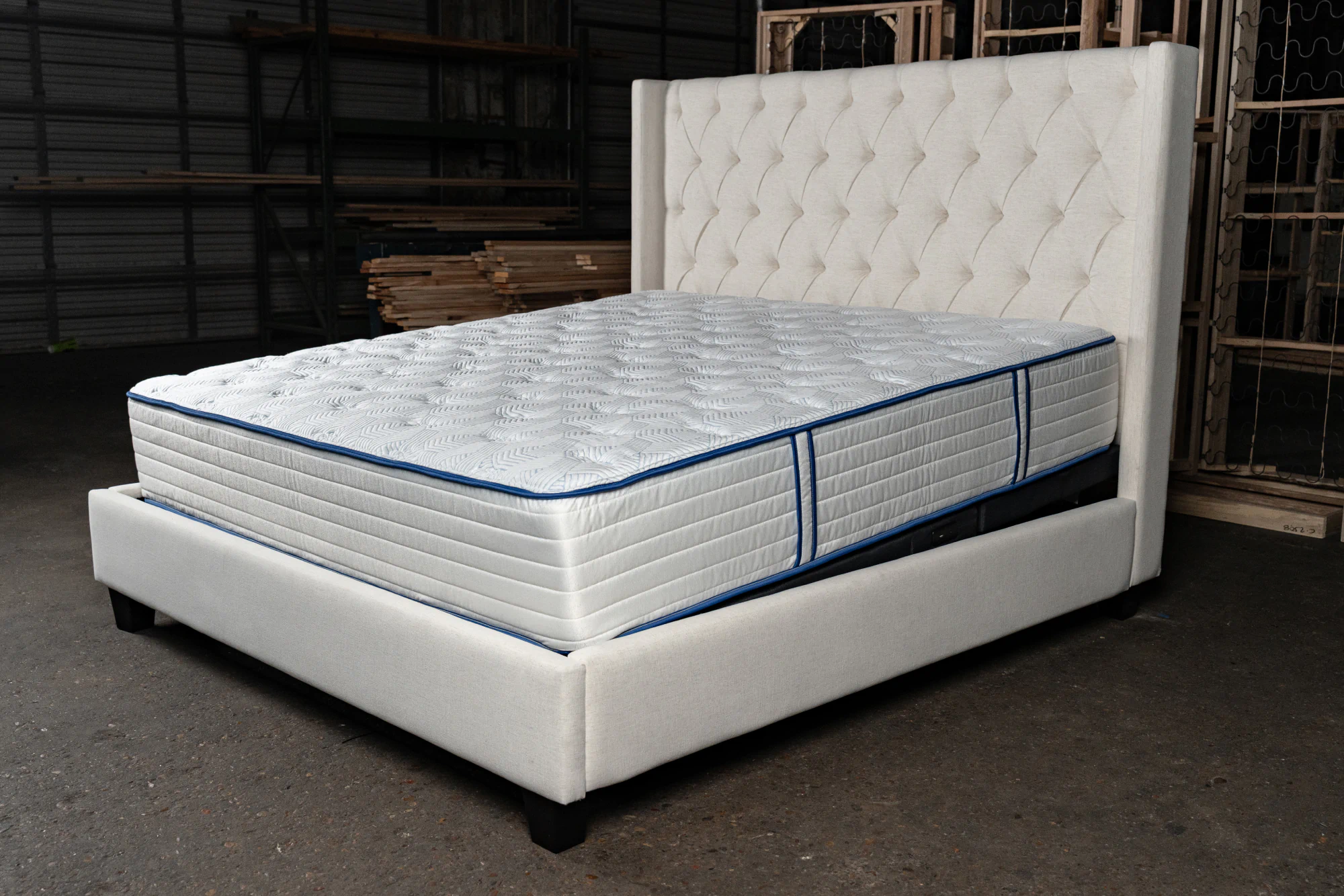 Sierra Oaks upholstered bed frame with an adjustable base