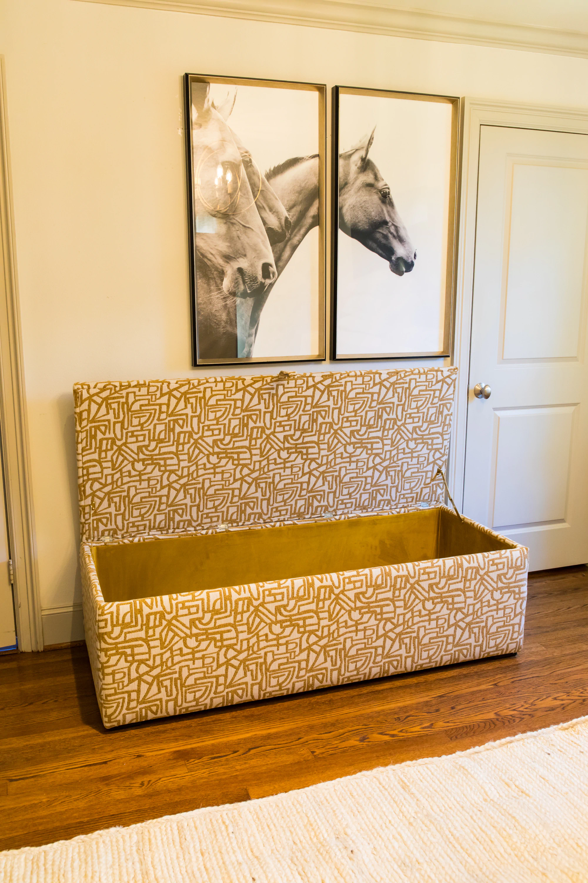 Custom banquette made by Living Designs Furniture in a yellow pattern