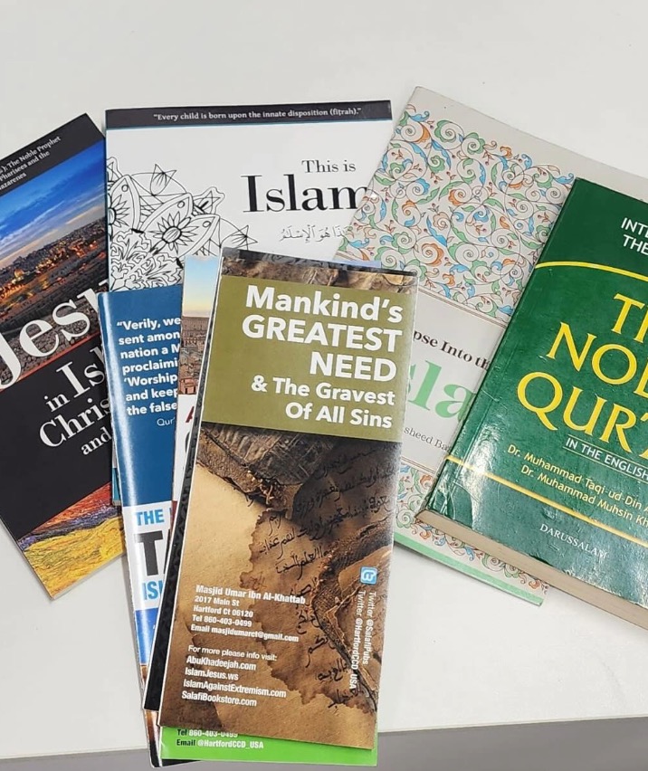 A collection of Islamic da’wah booklets and resources available at Masjid Umar ibn Al-Khattab in Hartford, including titles on Islam, the Qur’an, and addressing common misconceptions.