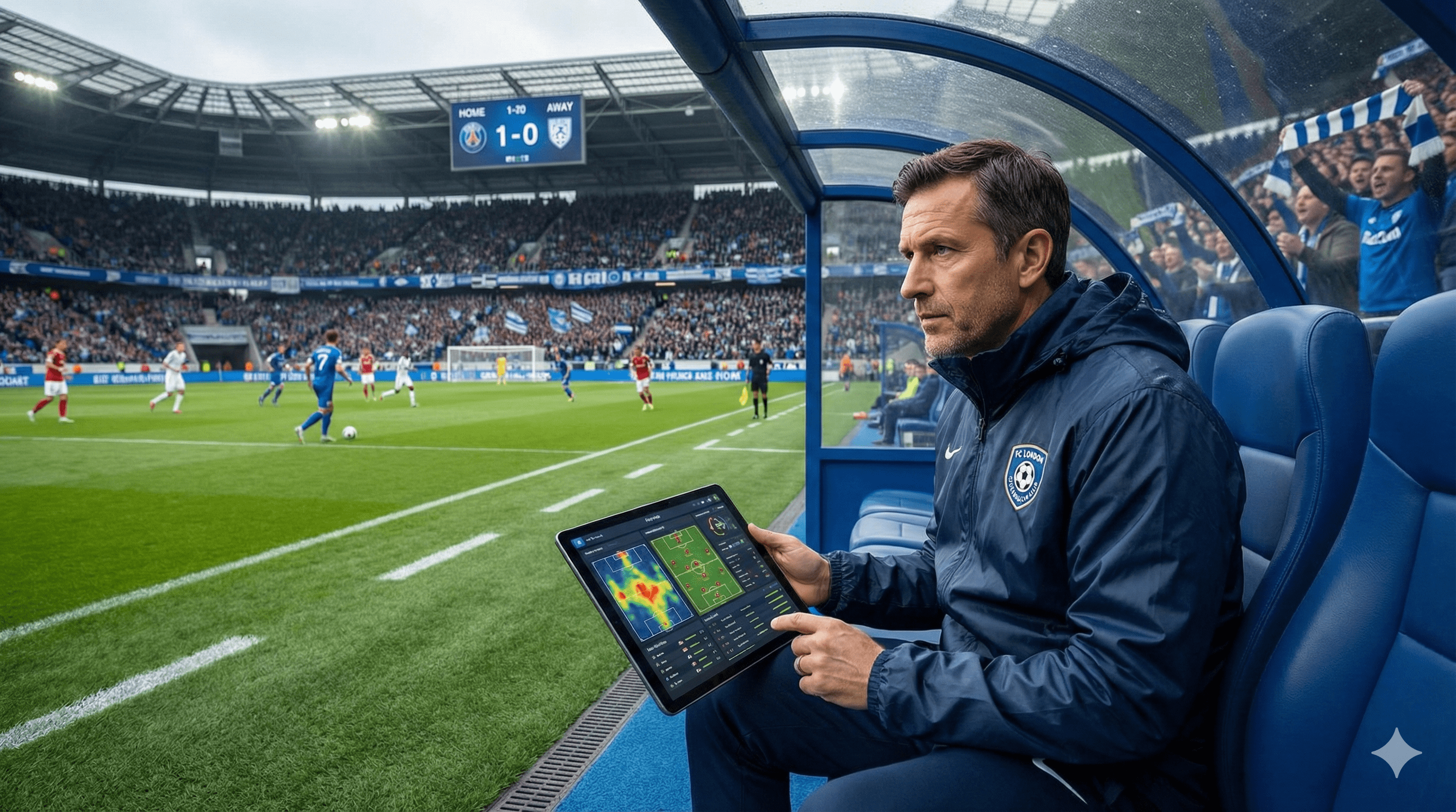 A football coach checking data during live game