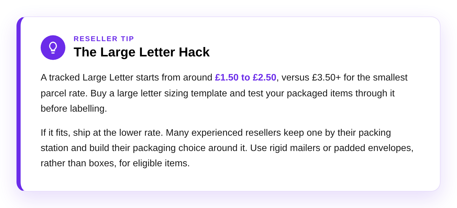 Reseller tip — the Large Letter hack: a tracked Large Letter costs from ~£1.50 to £2.50 versus £3.50+ for the smallest parcel rate, so use a sizing template and rigid mailers or padded envelopes to ship eligible items at the lower rate.