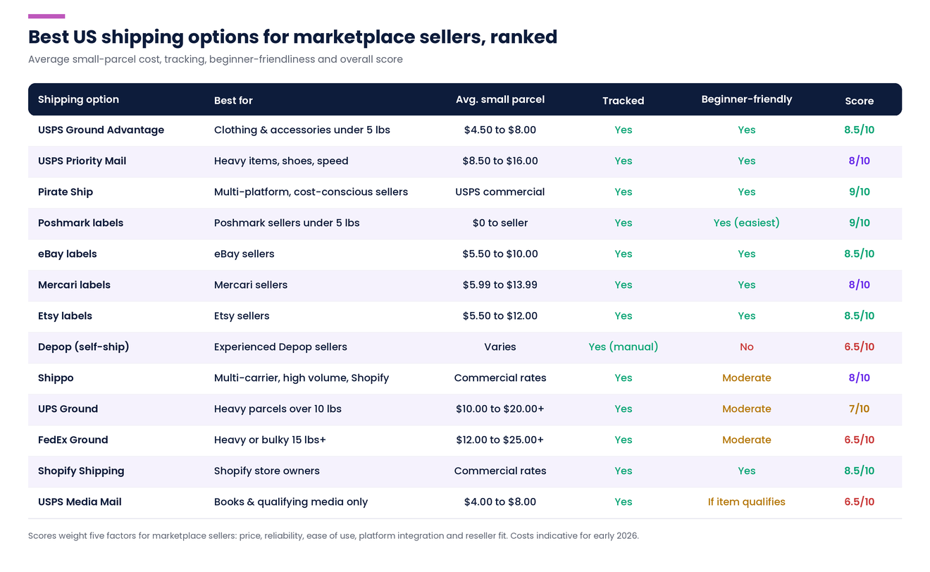 Comparison of 13 US shipping options for marketplace sellers ranked by overall score: Pirate Ship and Poshmark labels score highest at 9/10, followed by USPS Ground Advantage, eBay labels, Etsy labels and Shopify Shipping at 8.5/10, USPS Priority Mail, Mercari labels and Shippo at 8/10, UPS Ground at 7/10, and FedEx Ground, Depop self-ship and USPS Media Mail at 6.5/10. Average small-parcel costs range from $0 to the seller on Poshmark up to $25 or more on FedEx. All options are tracked, though Depop tracking is manual, and Depop is the only option that is not beginner-friendly.