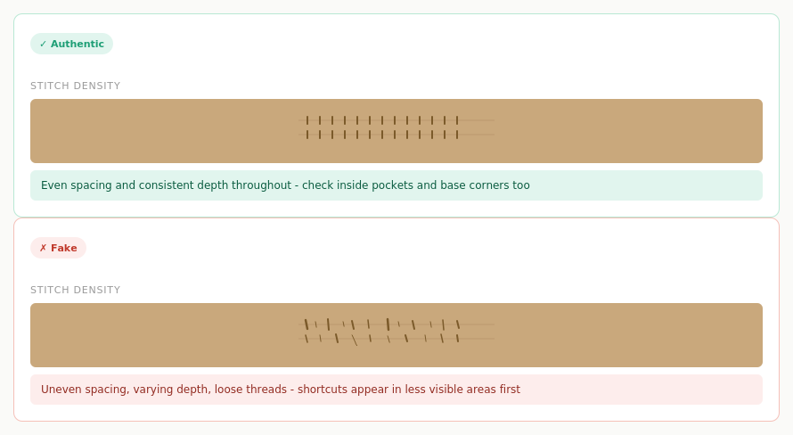 Stitching comparison showing even consistent stitch spacing on an authentic bag versus uneven spacing and a loose thread on a fake