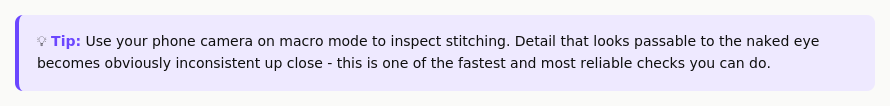 Tip box recommending macro mode on a phone camera to inspect stitching detail invisible to the naked eye