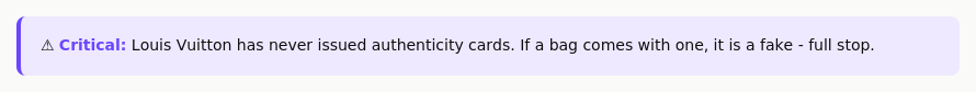 Warning callout stating that Louis Vuitton has never issued authenticity cards and that a bag with one is a fake