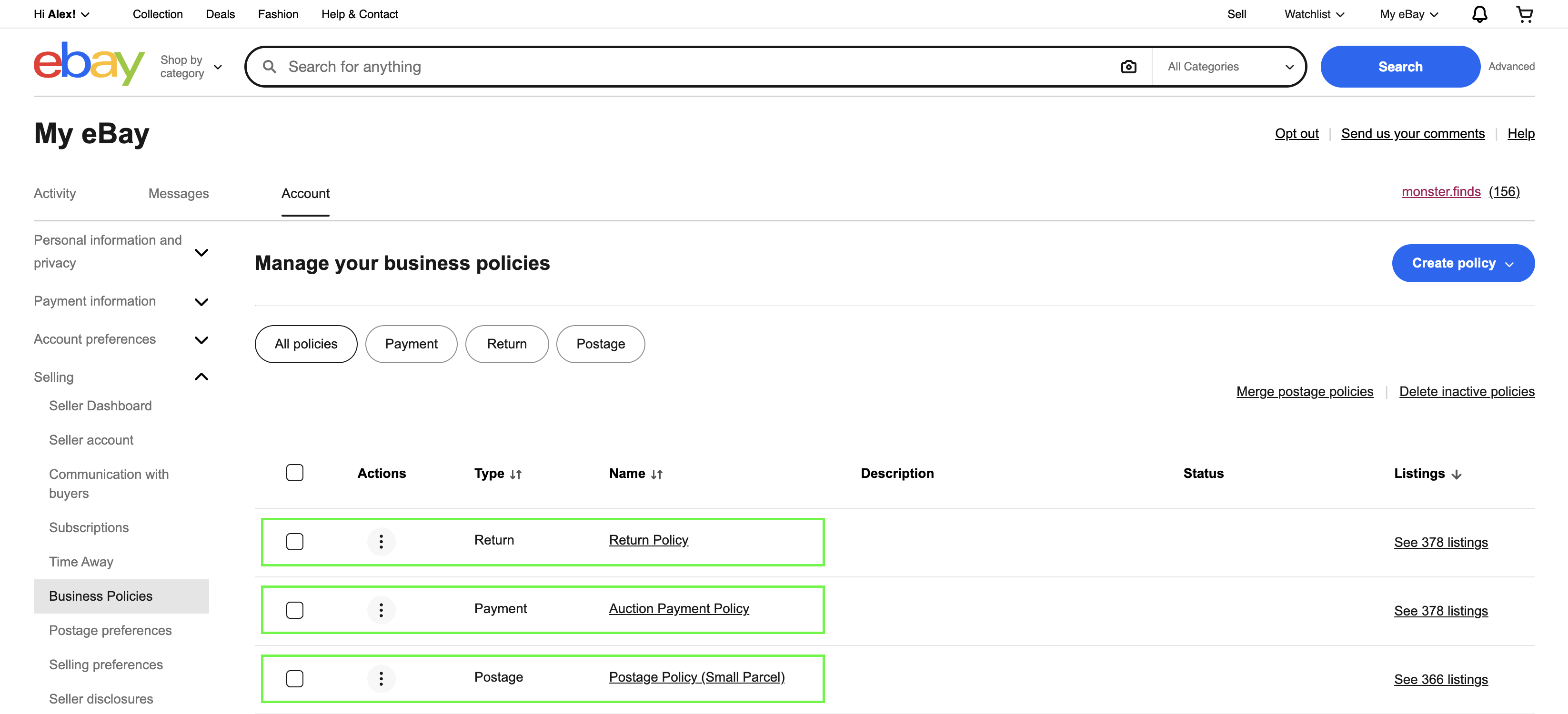 eBay Create returns policy screen with policy name field and domestic accept returns toggle highlighted