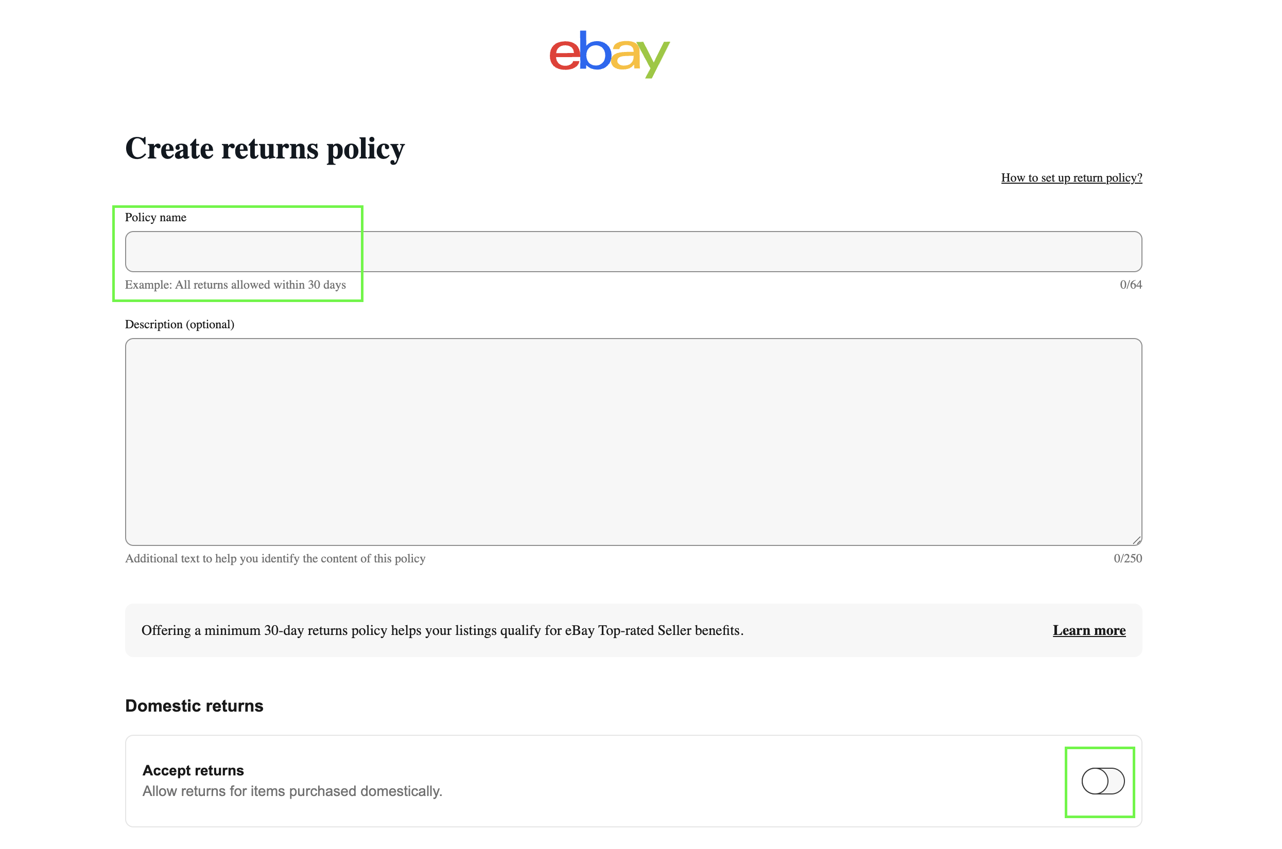 eBay Create returns policy screen with policy name field and domestic accept returns toggle highlighted